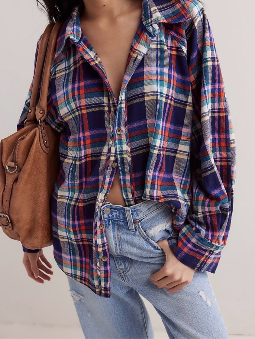 Women's We The Free Girl Meets Boy Plaid Shirt Relaxed Button-Down Shirt Size XS